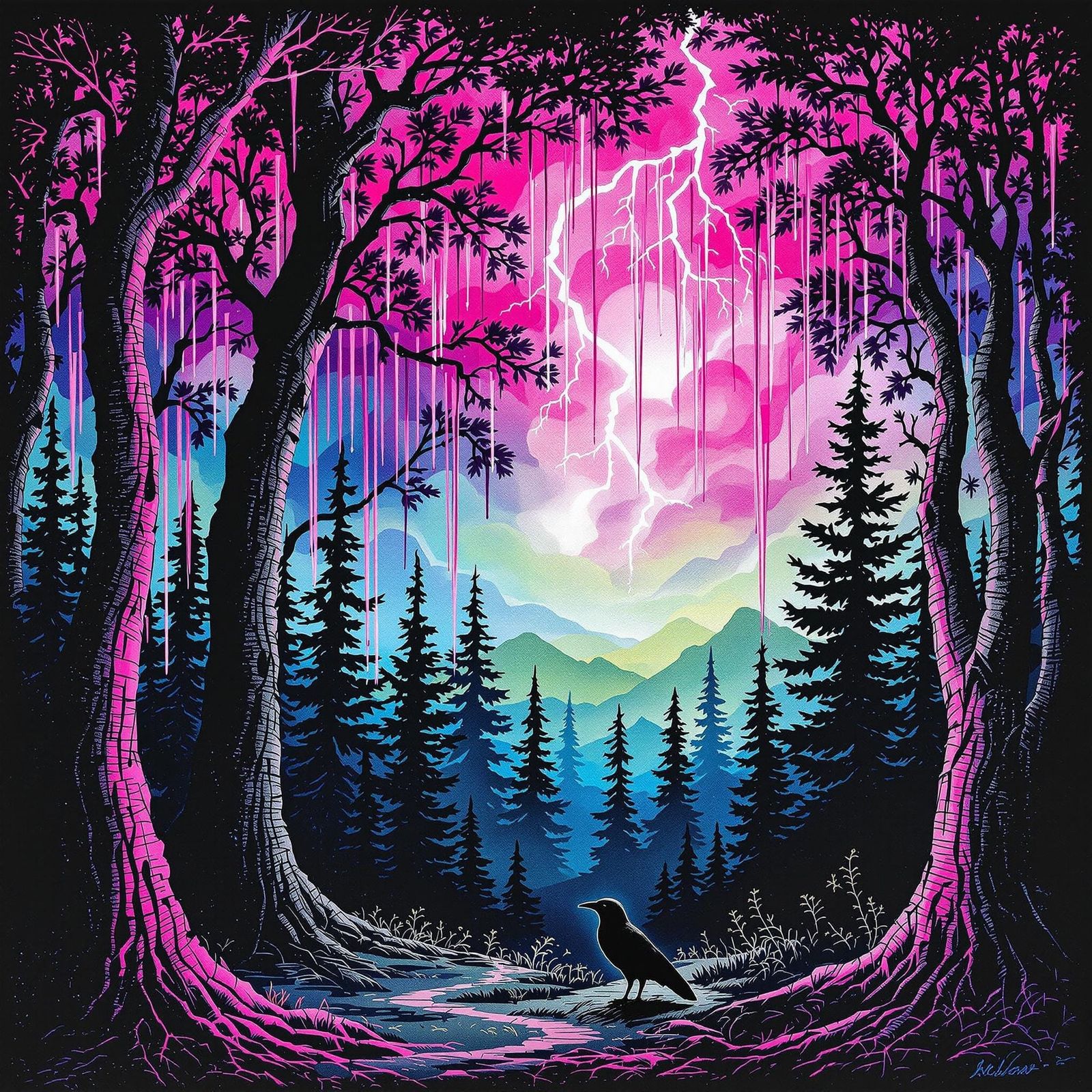 Ethereal Raven Amidst Whirling Stormy Groves