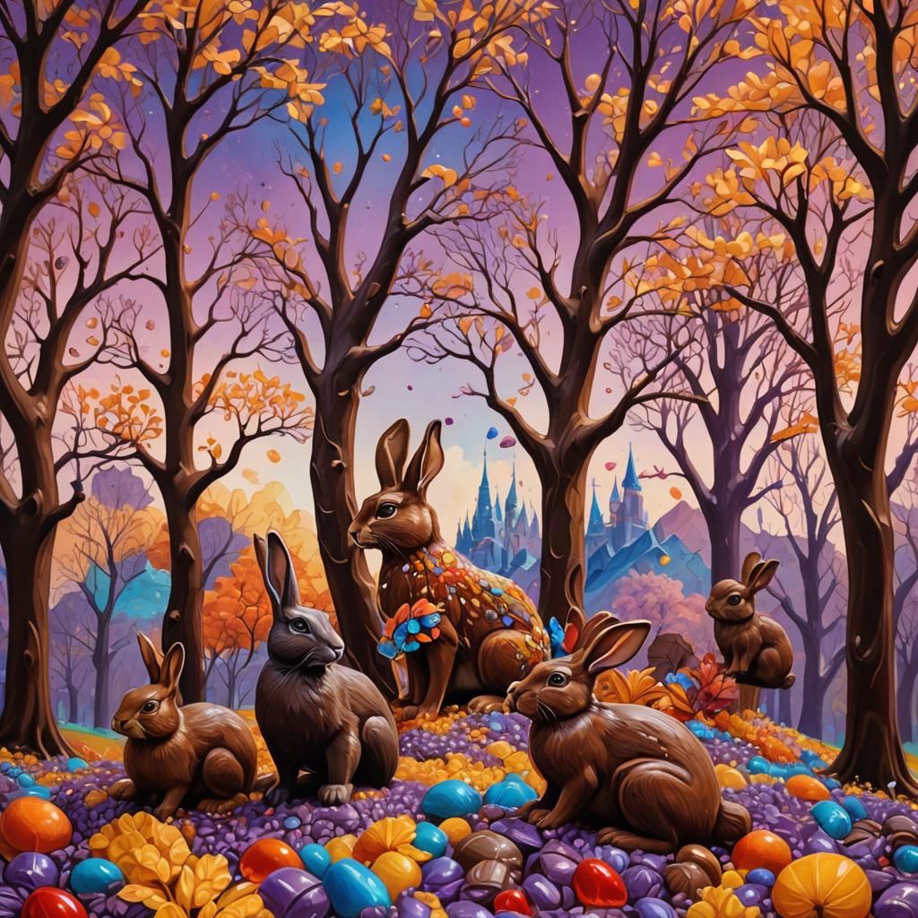 Colorful Chocolate Animals in a Fantasy Landscape