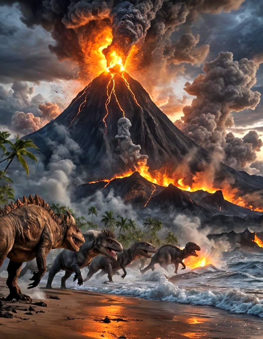 Dinosaurs Fleeing Volcano Eruption at Twilight