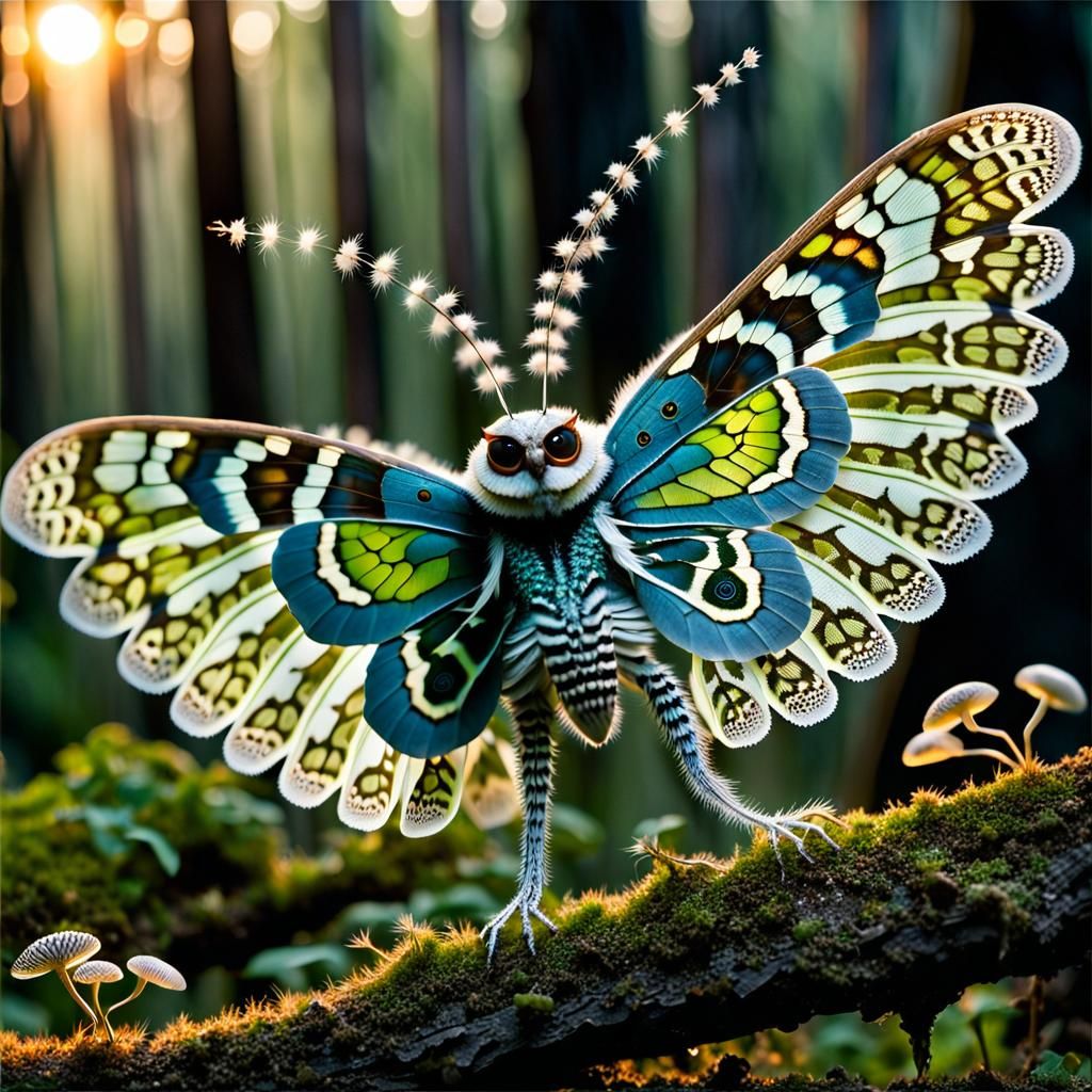 Bioluminescent Moth-Owl Hybrid in Sunset: Macro Photography