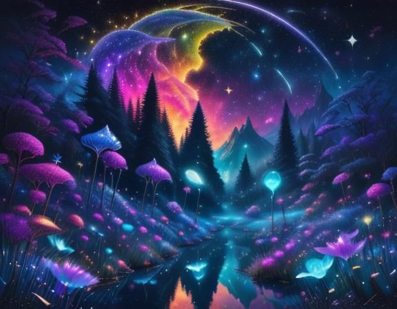 Bioluminescent Fairy Observes Orb in Surreal Oil Painting