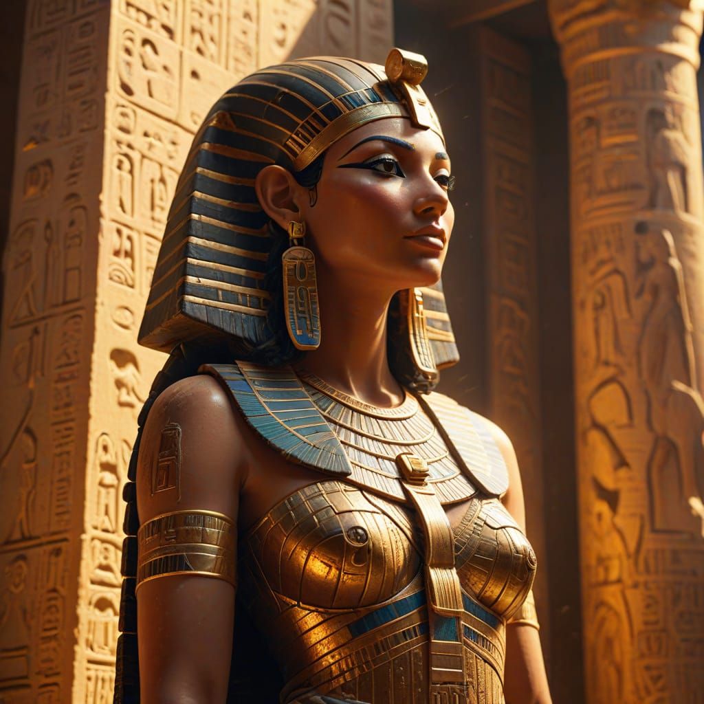 Egyptian Goddess in Temple with Golden Headdress