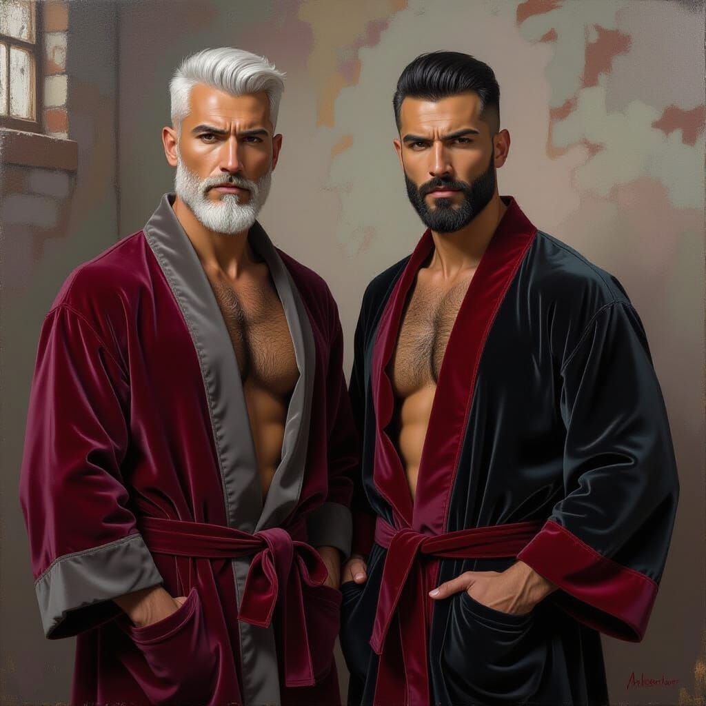 Stern Men in Velvet Robes in Old Factory, Impasto Painting