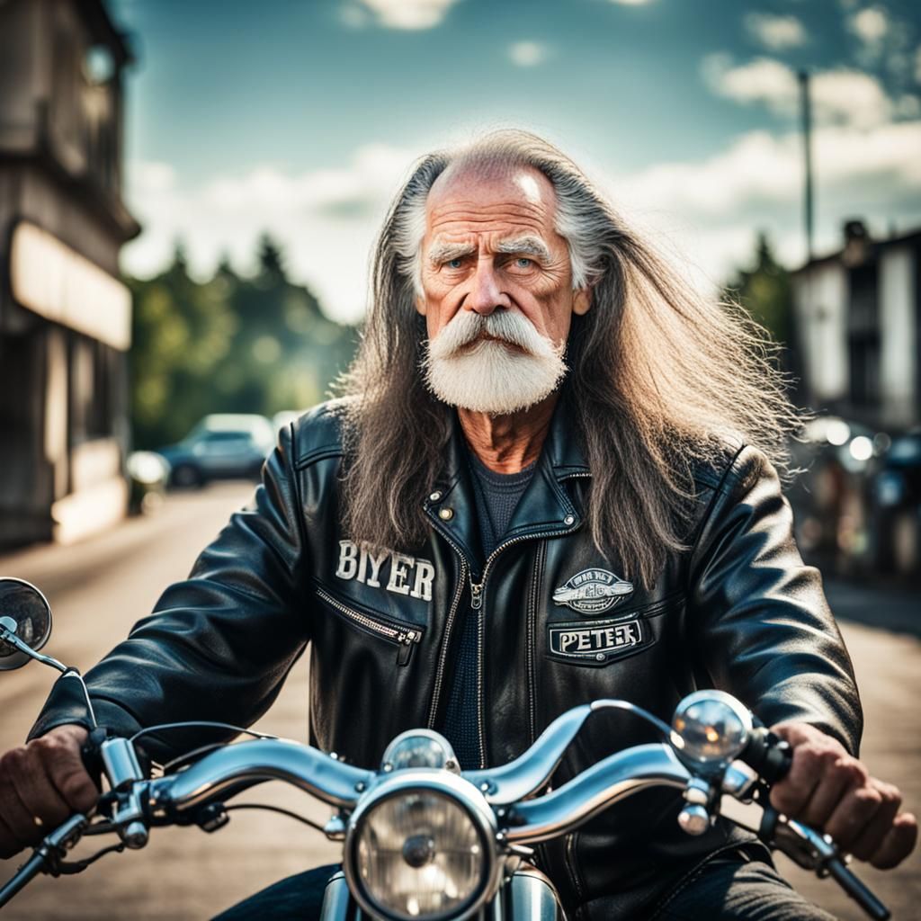 Old Biker with Long Hair on Motorbike