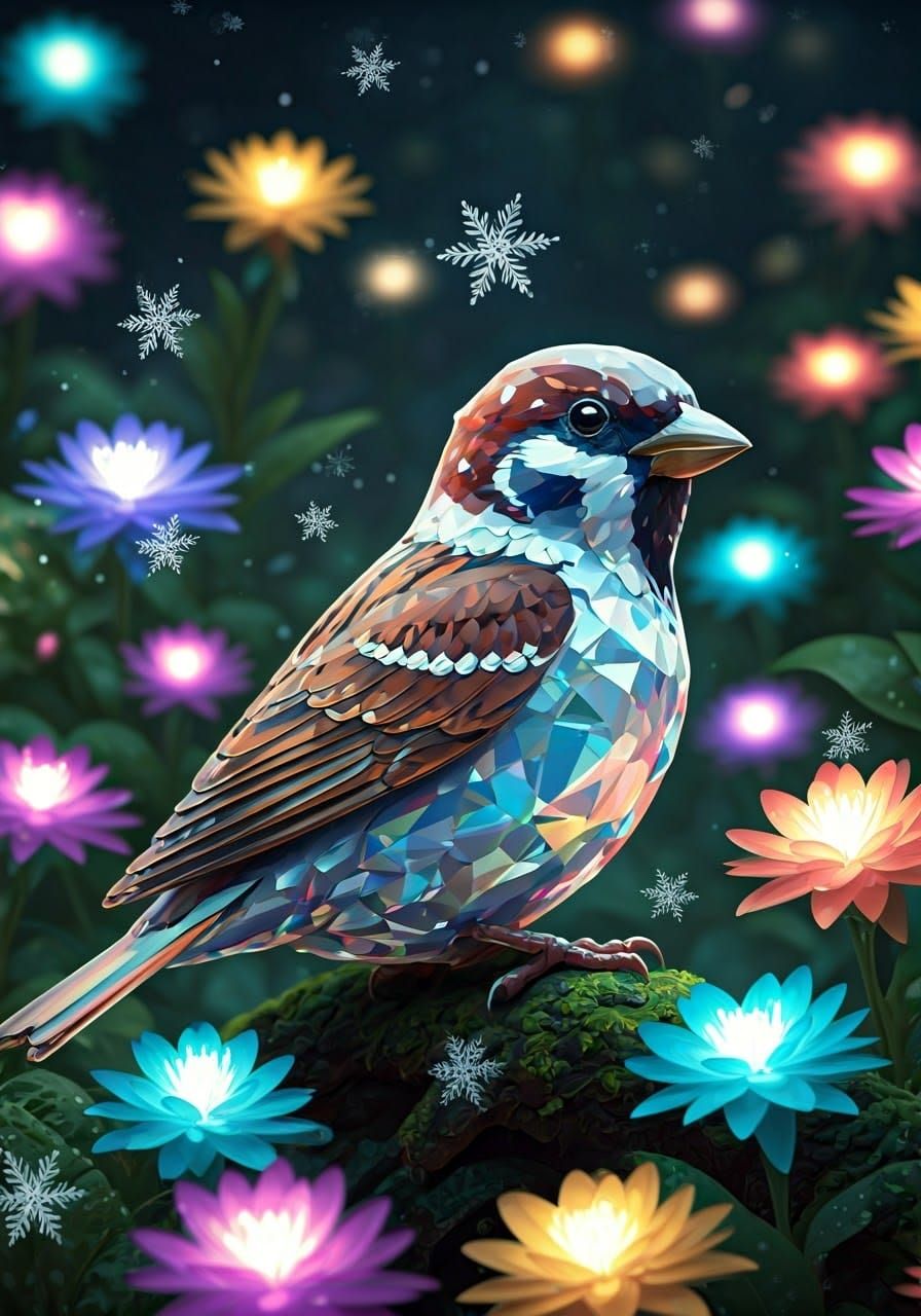 Iridescent Crystal Sparrow in Mystical Garden