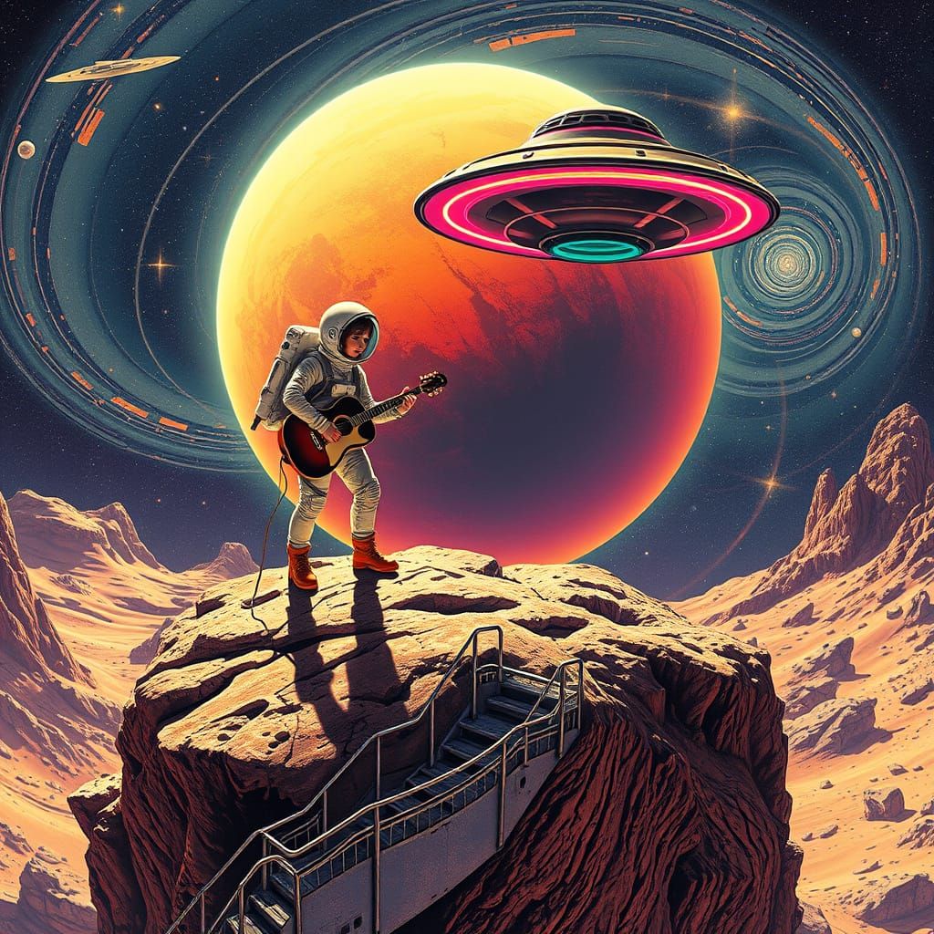 Astronaut with Guitar and UFO on Asteroid