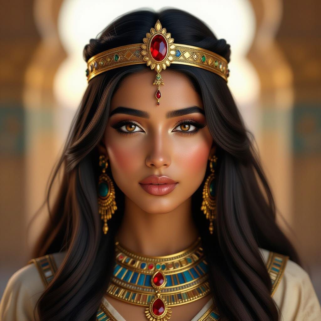 Hyperrealistic Egyptian Queen Portrait with Gold Jewelry
