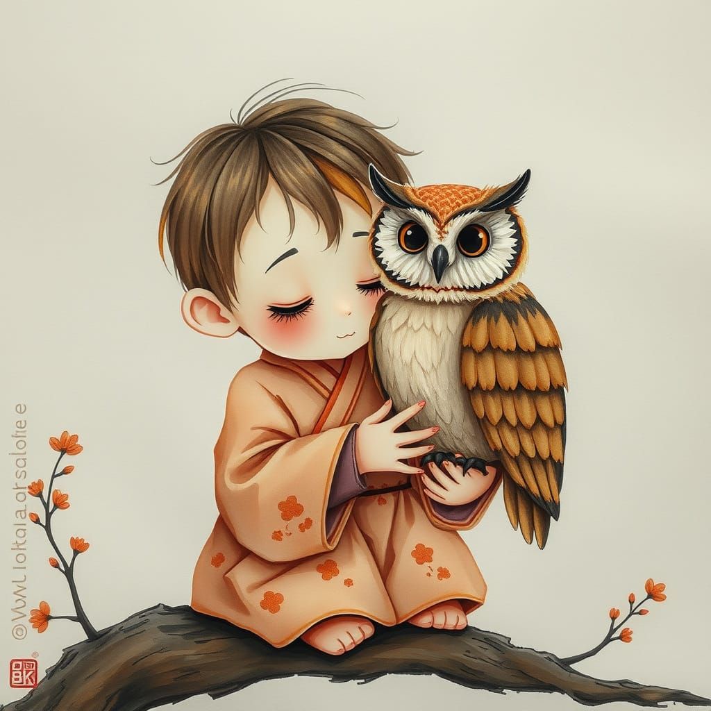 Child Gently Holding Owl in Whimsical Fantasy Painting