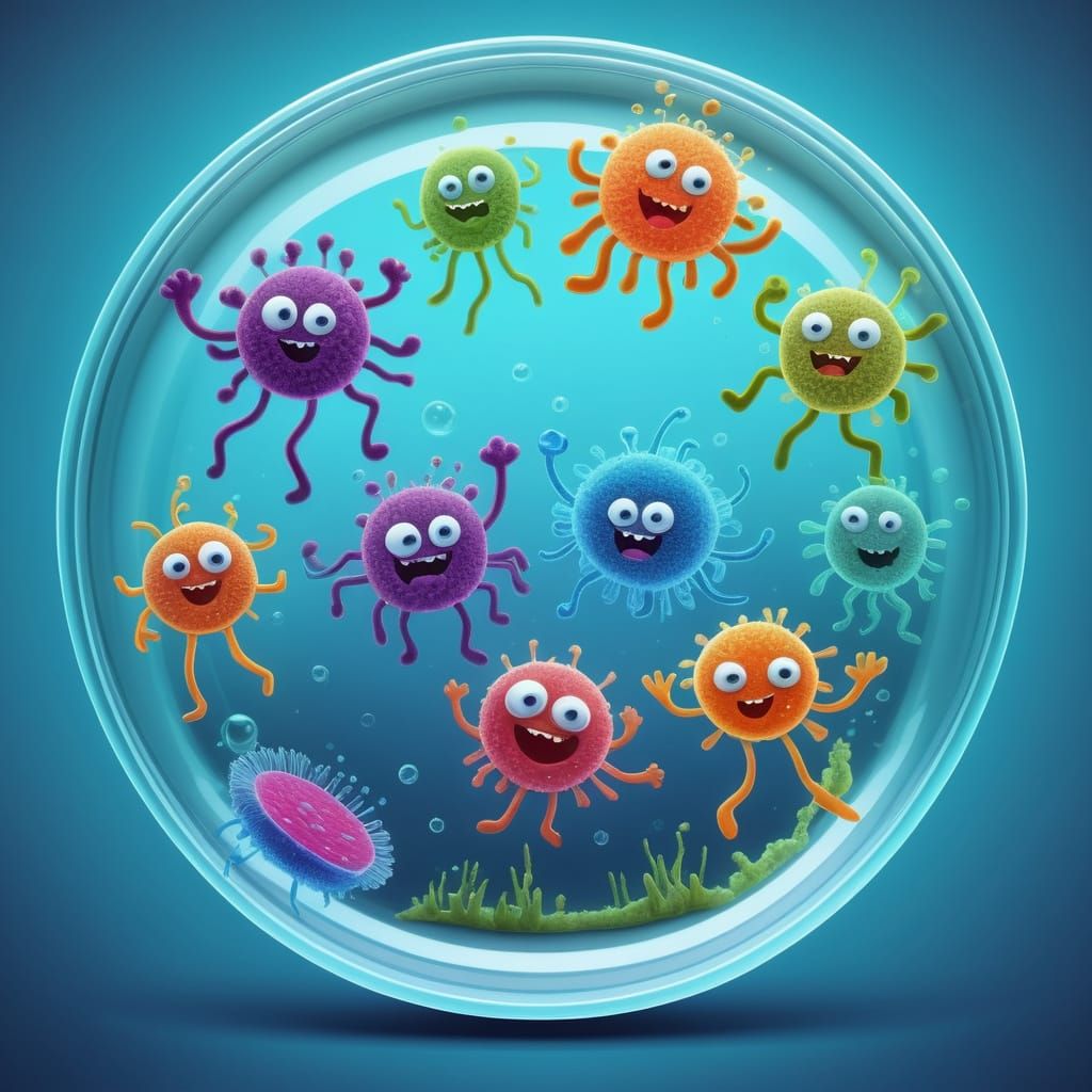 Adorable Cartoon Microbes Dancing in Petri Dish - Vibrant An...
