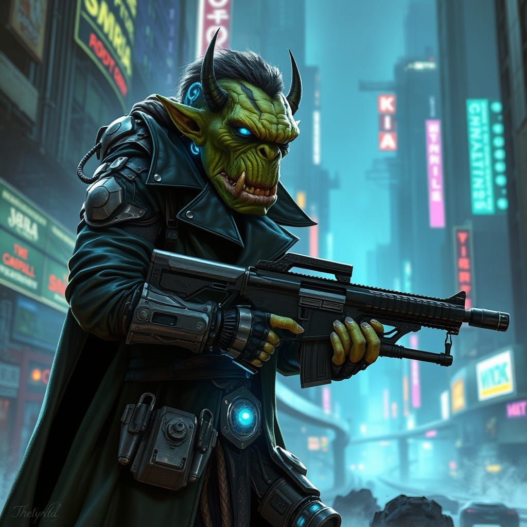 Cybernetic Orc Warrior in a Futuristic Metropolis