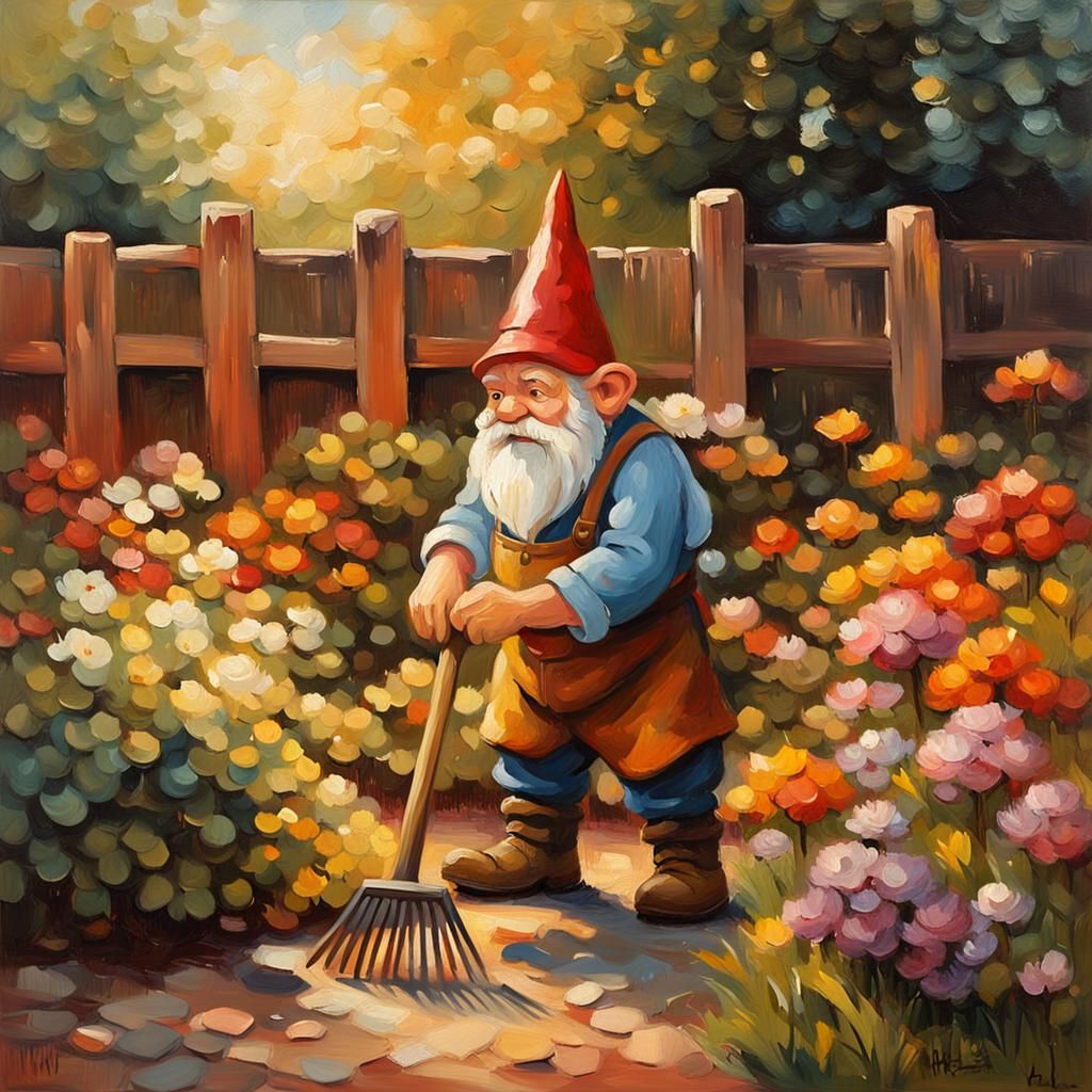 Grumpy Gnome Raking in Impressionist Garden