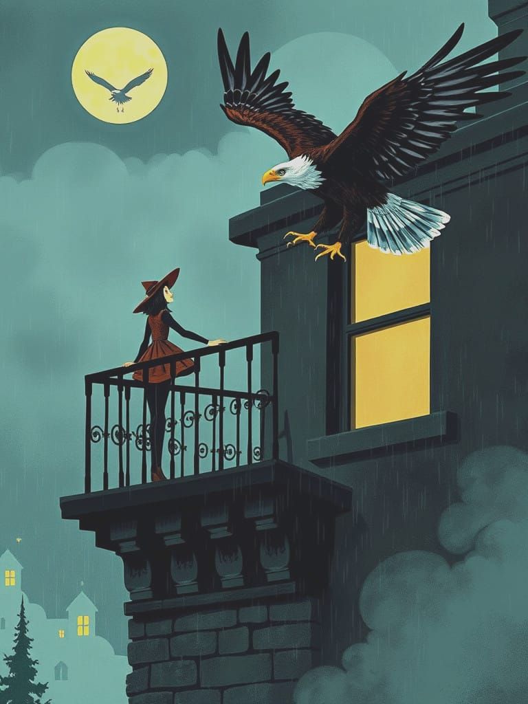 Girl on Widow's Peak Balcony in Storm, Eagle Saves Her