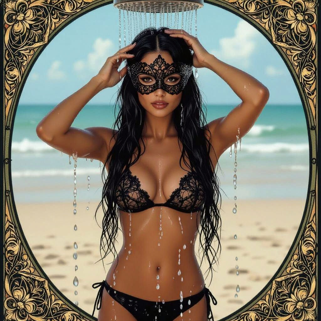 Latina in Lace at Beach Shower, Art Nouveau Style