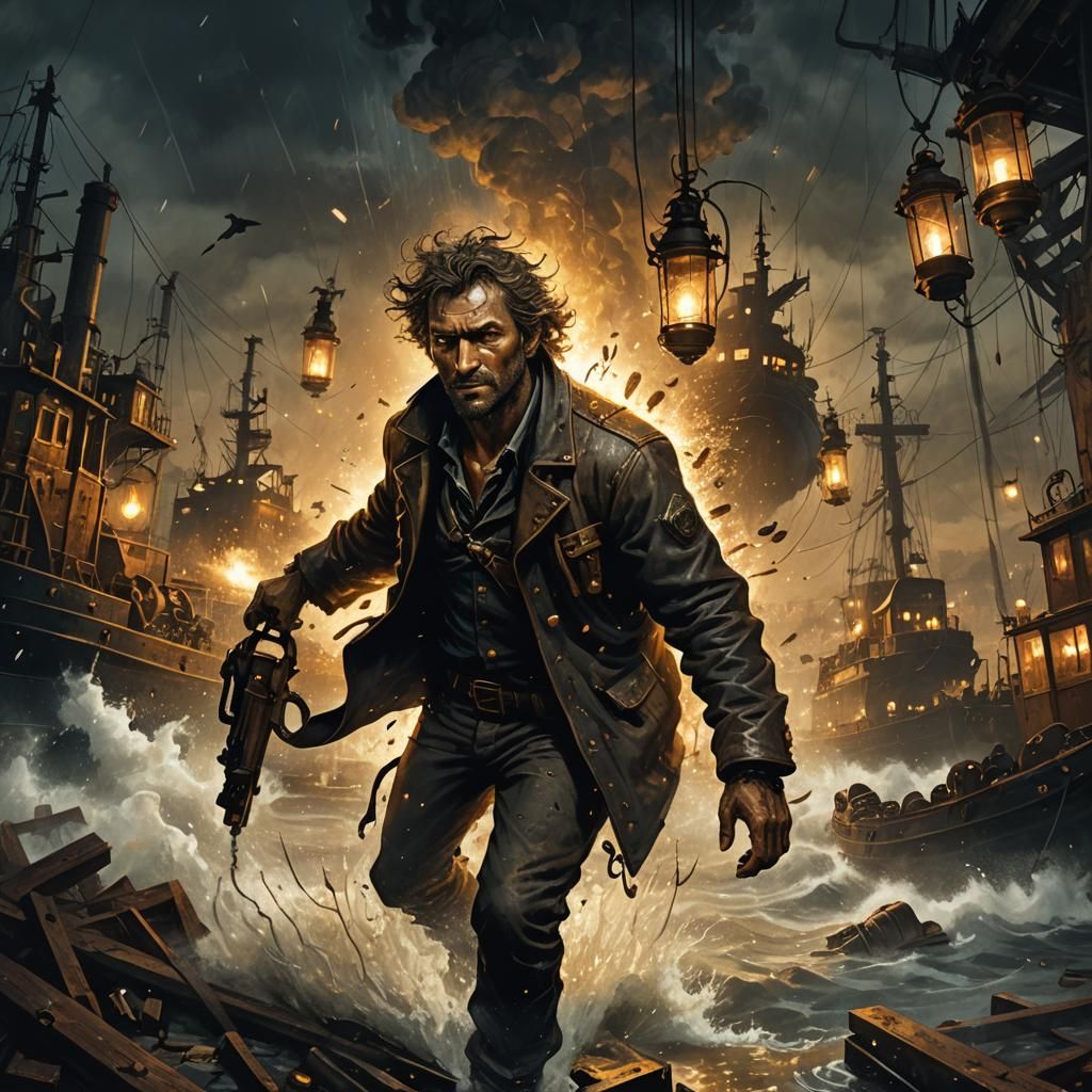 Industrial Horror: Tugboat Engineer in Dark Fantasy Style