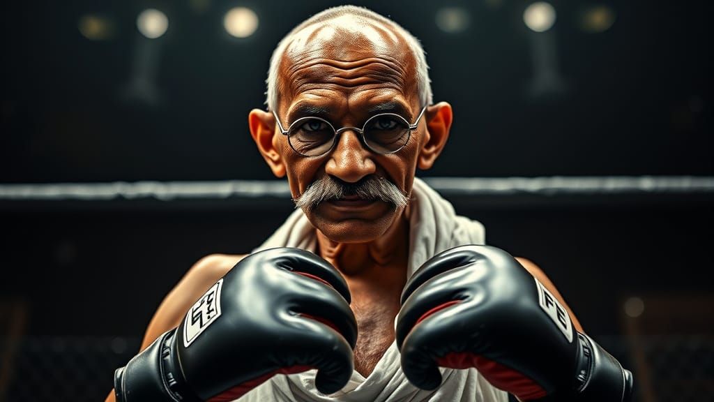 Vigorous Gandhi in UFC Cage, Hyperrealistic Style