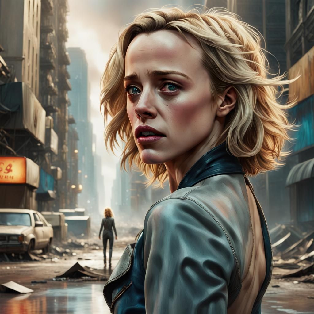 Blonde Woman Crying in Apocalyptic City: Hyperrealistic Art