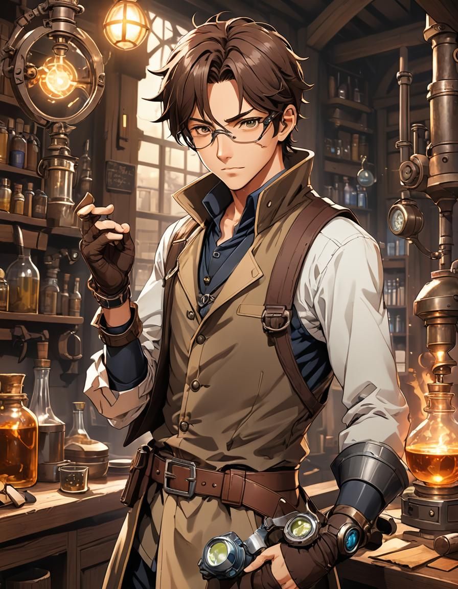 Young Alchemist Inventor in Anime Cel-Shaded Style