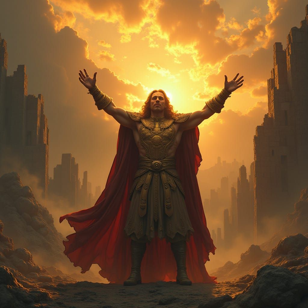 A Regal Warrior Basks in Triumph Amid Ancient Ruins