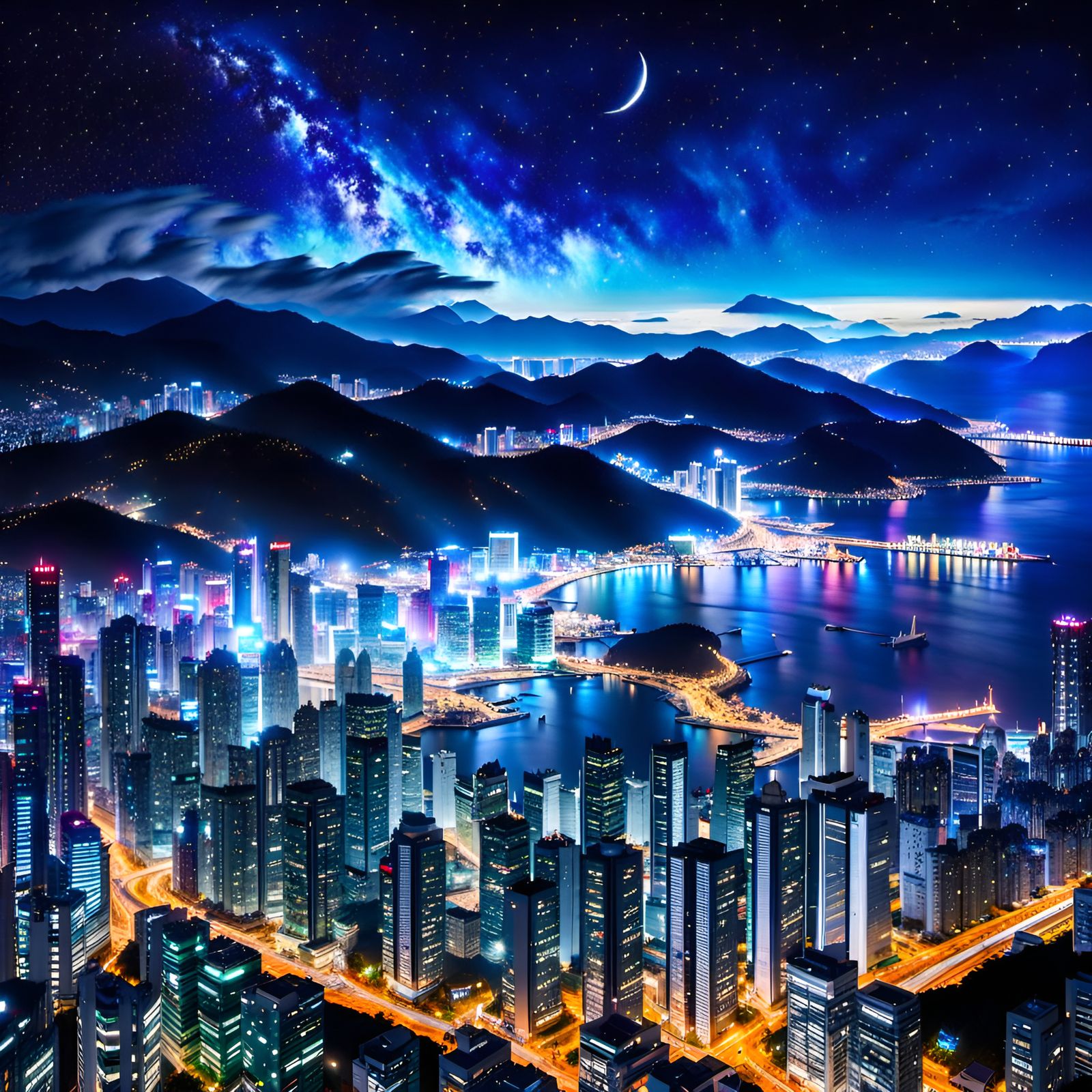 Fantastic cityscape of the Futuristic City of Busan at night