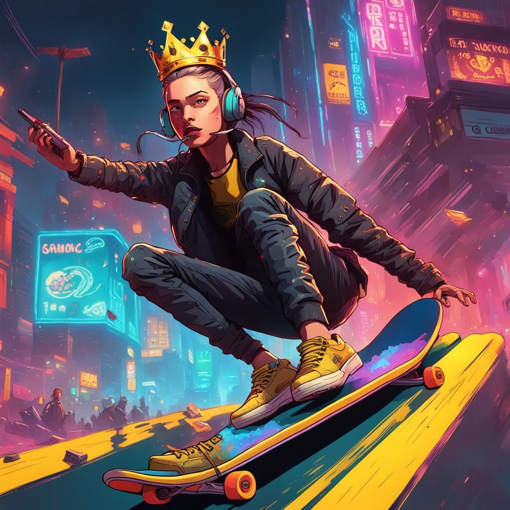 Queen Snake Girl Rides Skateboard in Cyberpunk Style