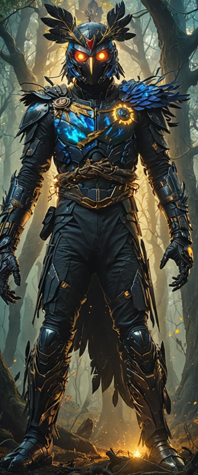 Crow-Themed Hero in Mystical Forest Concept Art