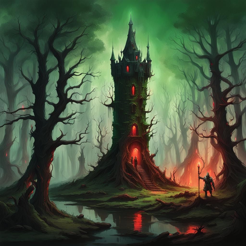 Dark Fantasy Tower Under Crescent Moon