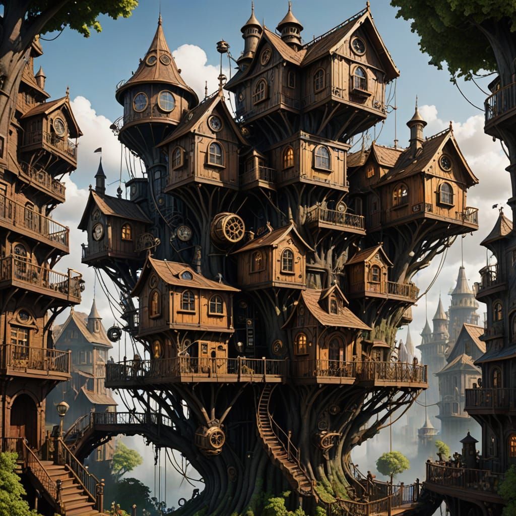 Steampunk Megastructure Treehouses in a Fantasy Metropolis