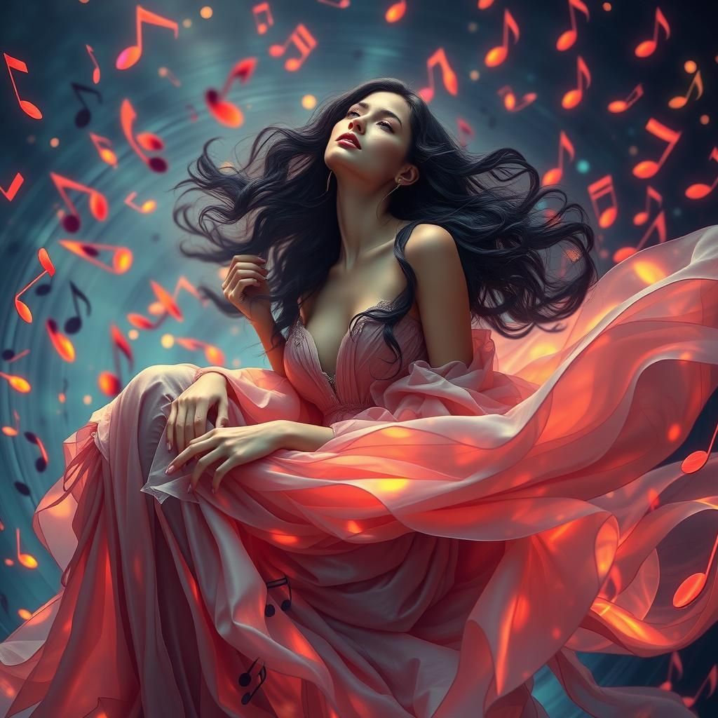 Woman on Flying Music Notes in Art Nouveau Style