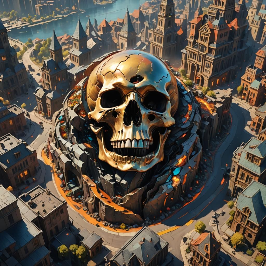 Sprawling Skull City in a Fantasy Oil Painting