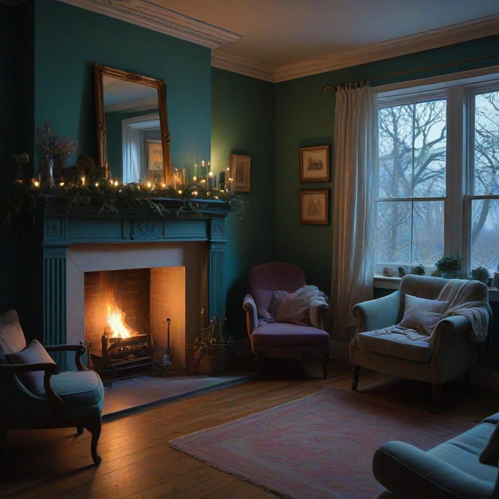 A cozy, wintery room with a softly glowing fireplace, snow gently falling outside. The air is thick with a lilac mist, e...