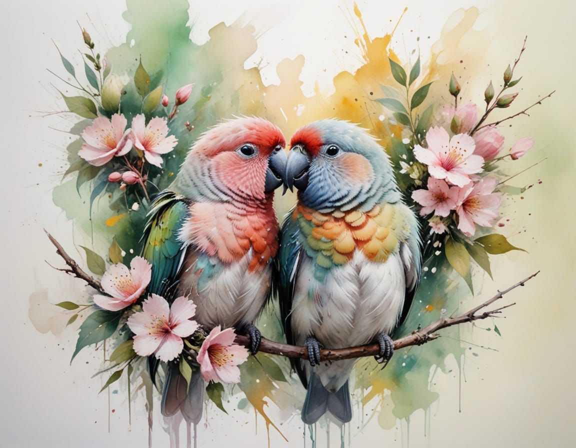 Lovebirds on Blossom Branch in Soft Golden Light