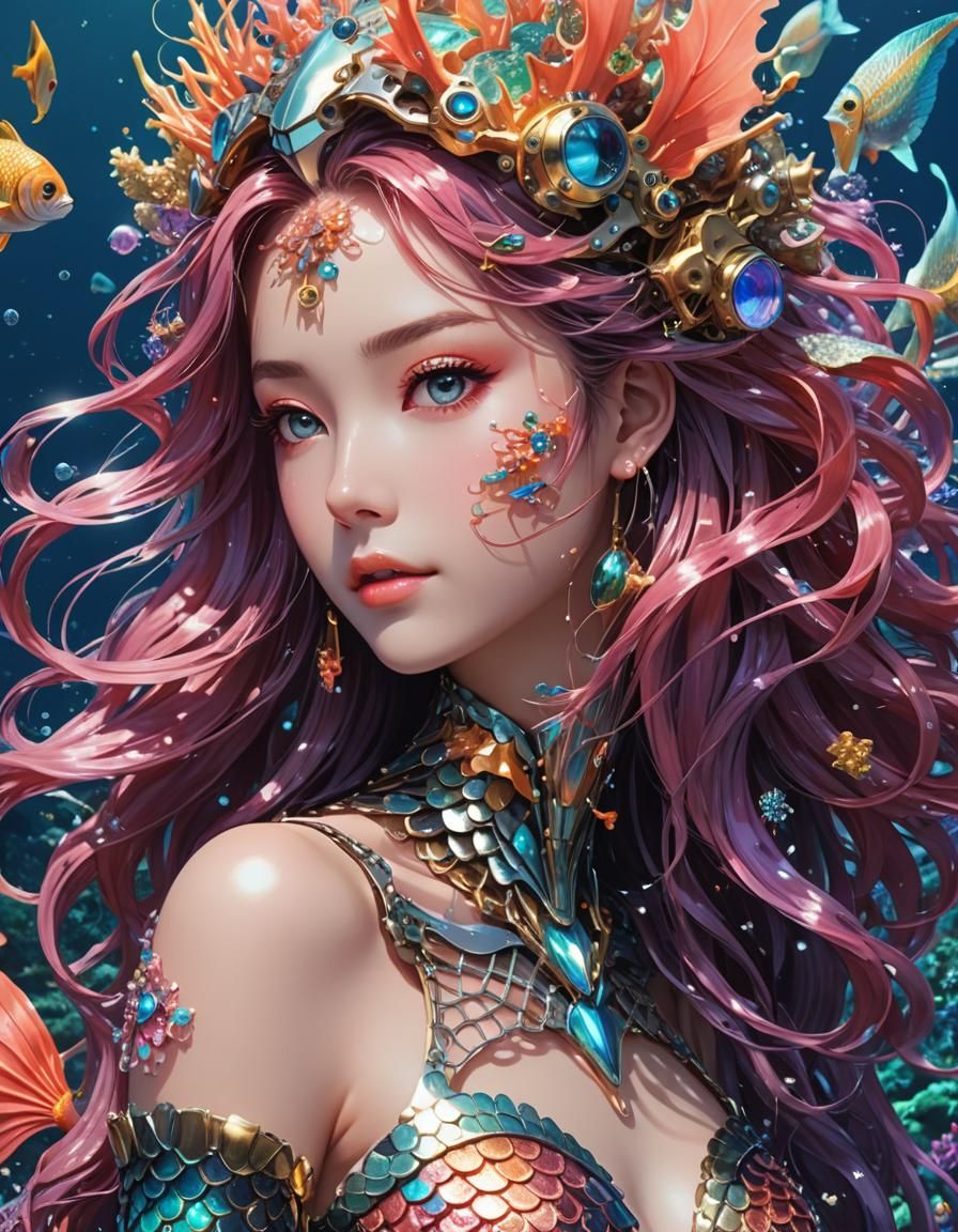 Robot Mermaid in Coral Reef: Anime Cyberpunk Art