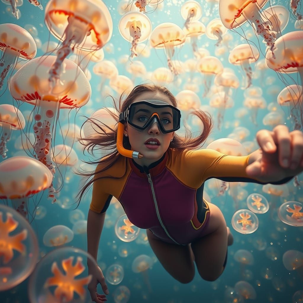 Woman Swimming with Iridescent Jellyfish in Dreamy Sunlight