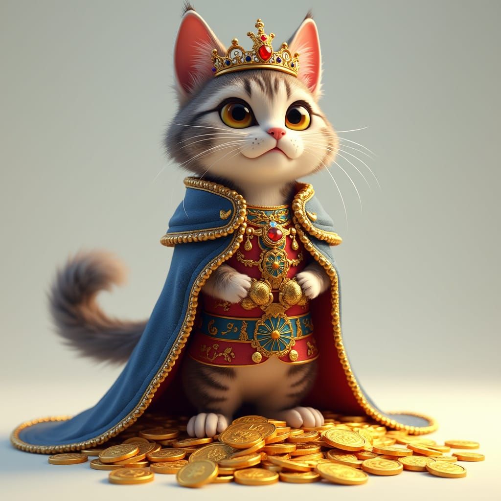 Stylized 3D King Cat on Gold Coins