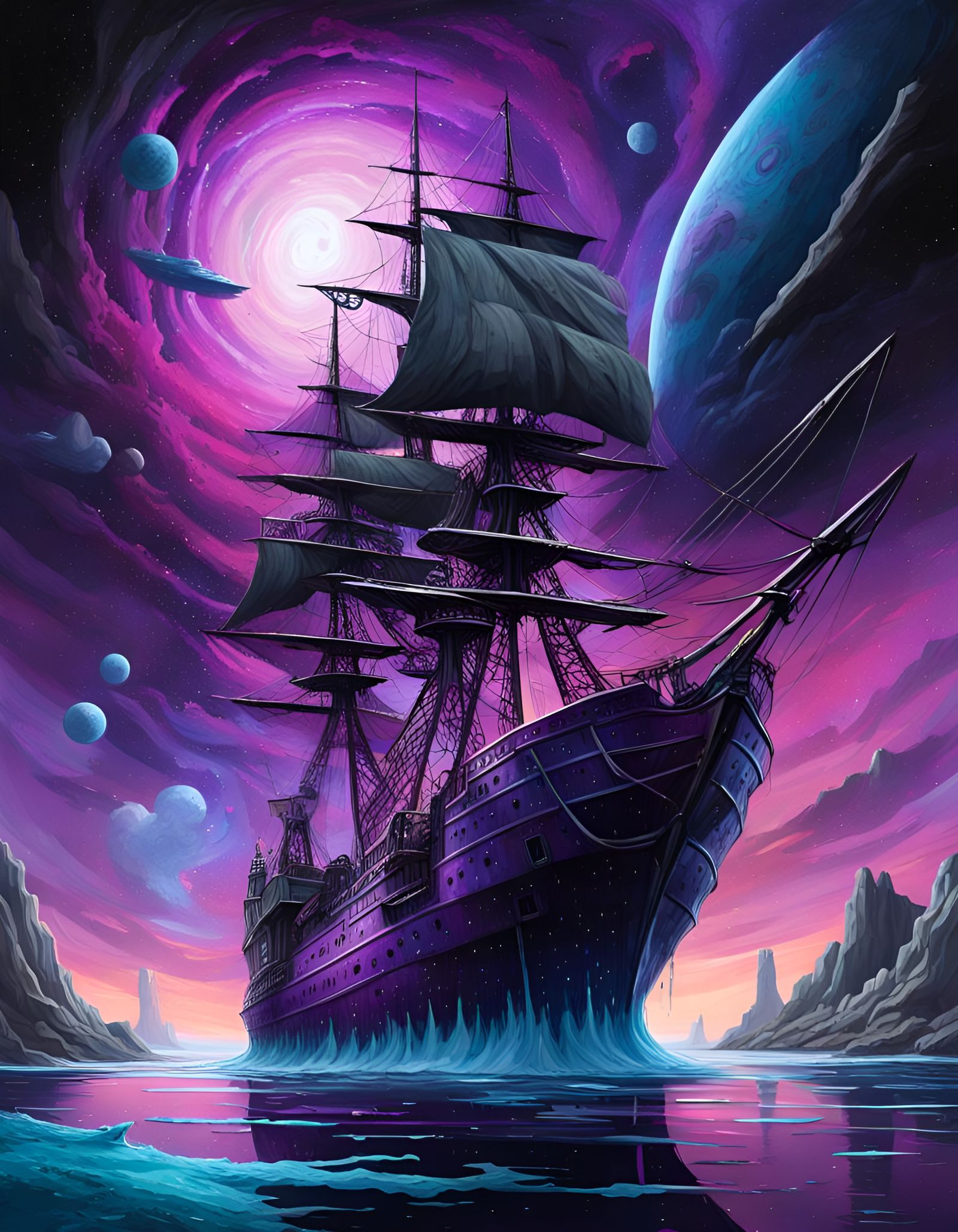 Astral Galleon in Starry Void with Pirate Town