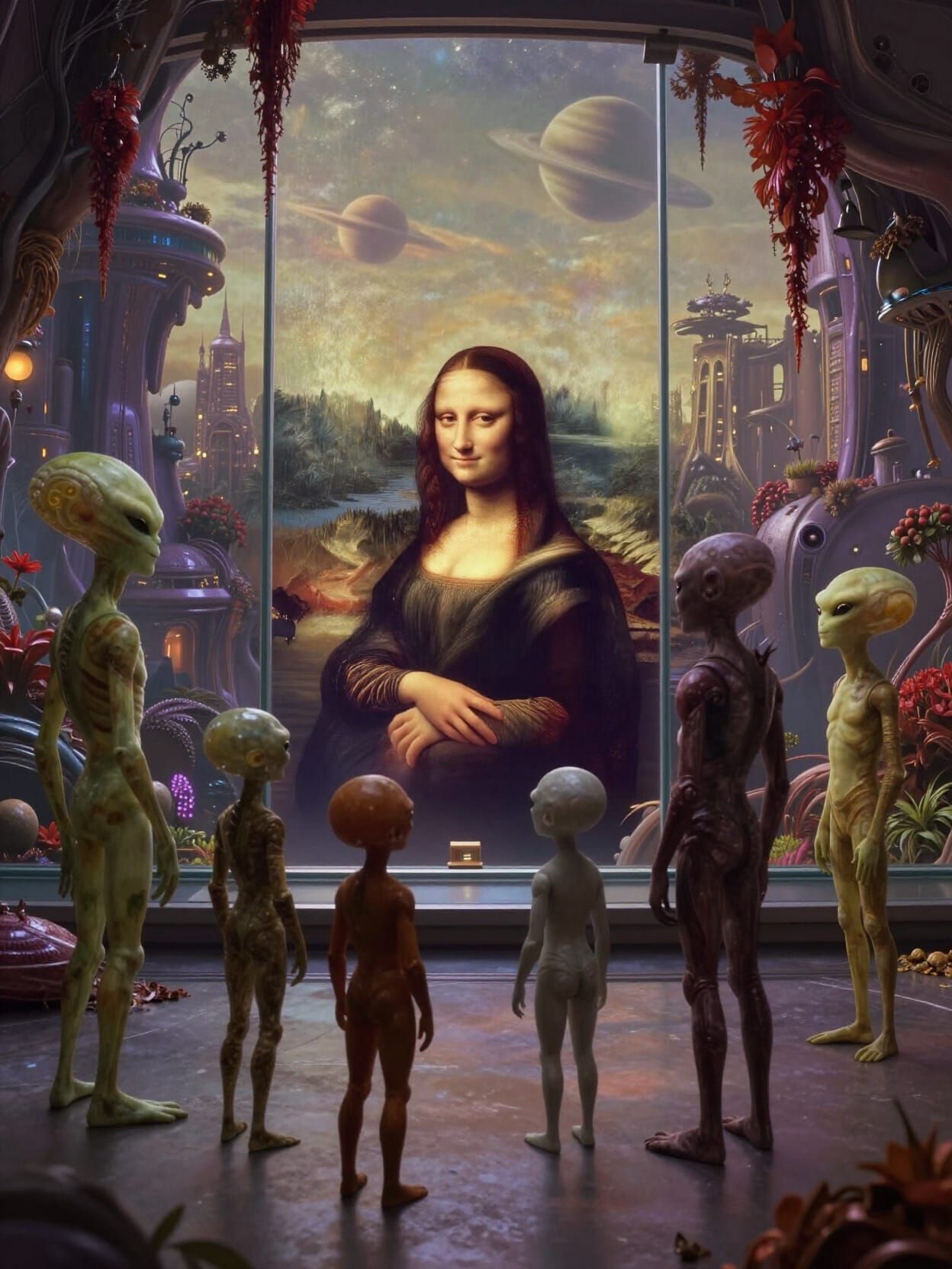 Alien Visitors Admire Mona Lisa in Exotic City Museum