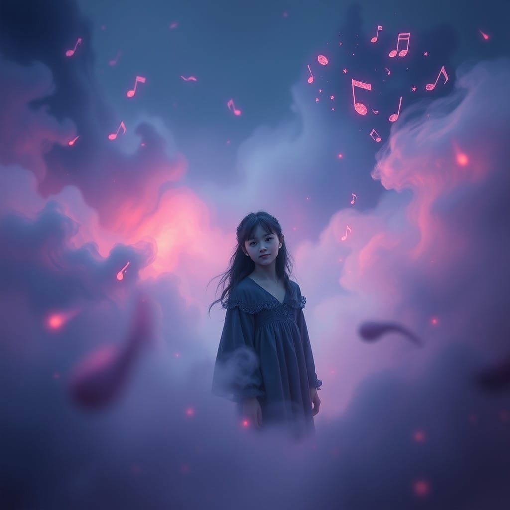 Ethereal Twilight Realm with Enigmatic Girl and Haunting Pia...