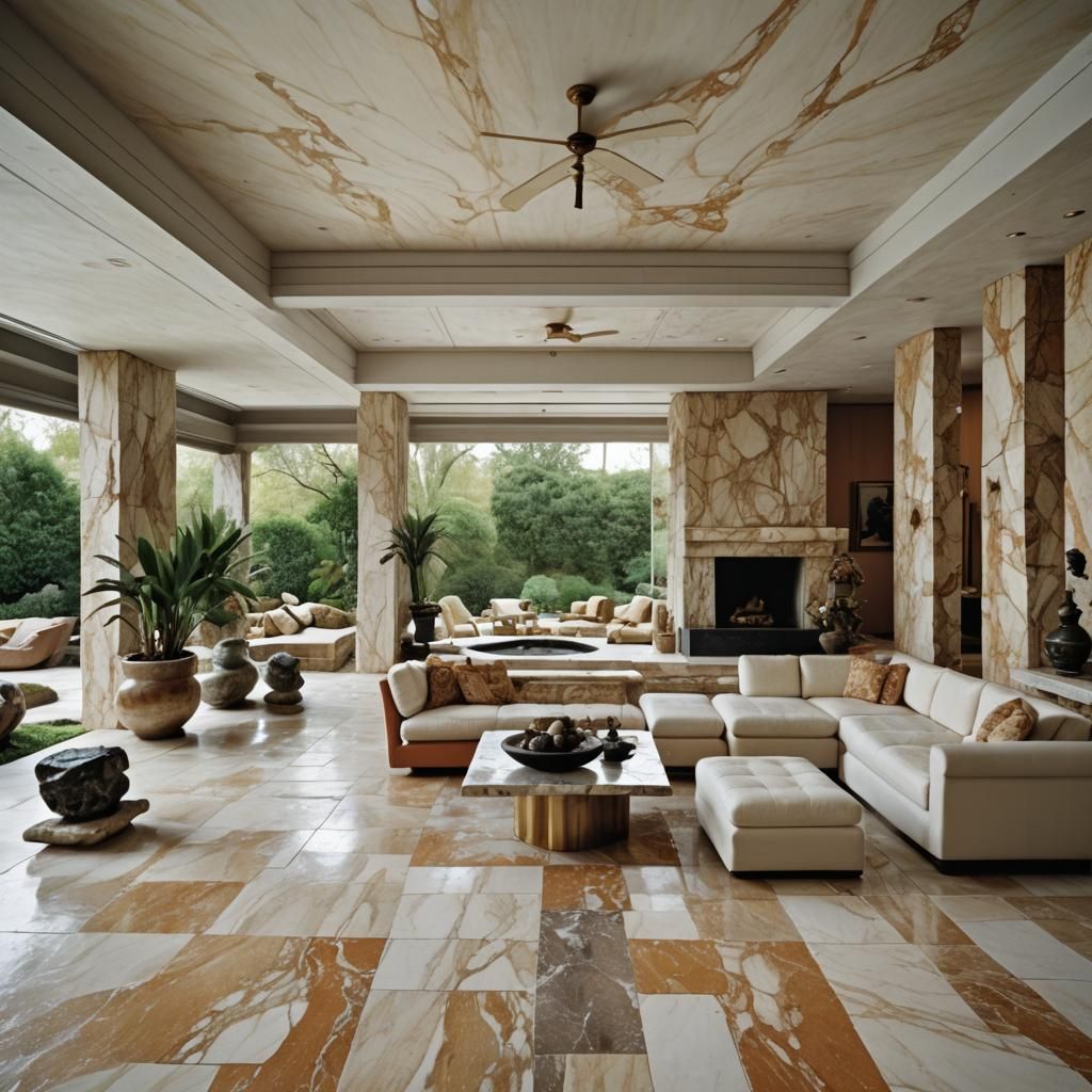 1970s Pavilion Living Room with Marble and Stone