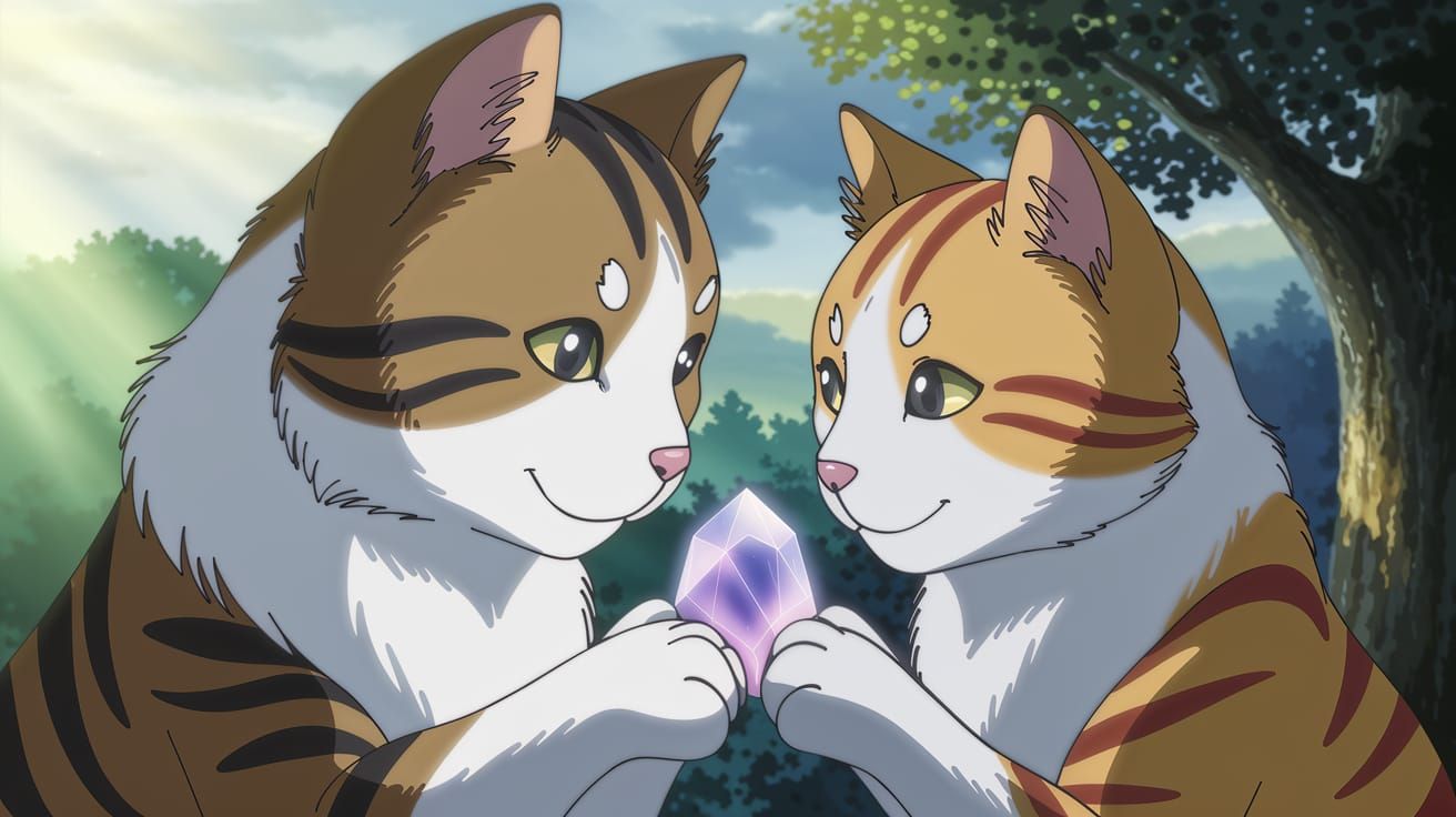 Anime-Style Cats Cradle Glowing Crystal Orb