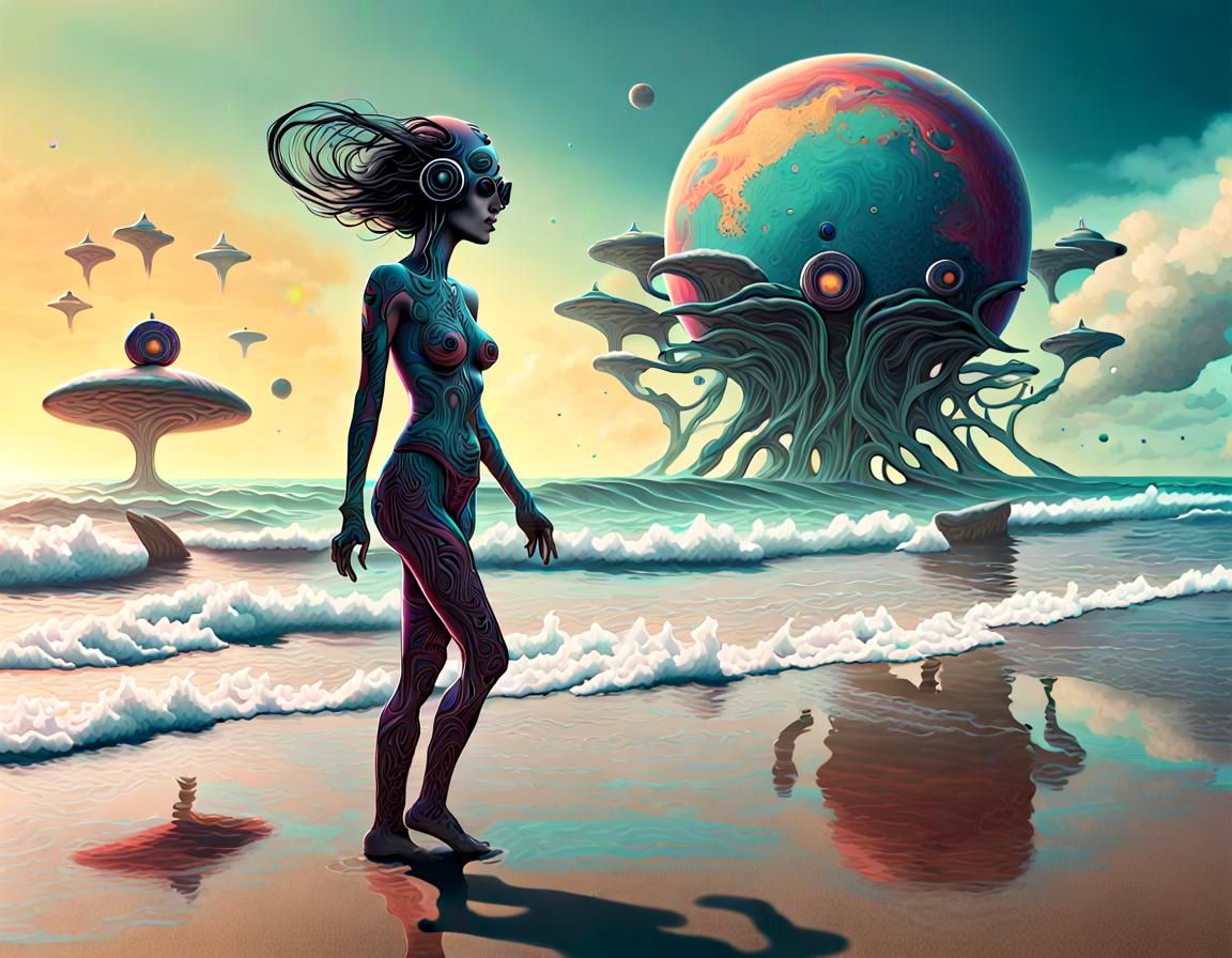 Surreal Beach Scene with Optical Illusions