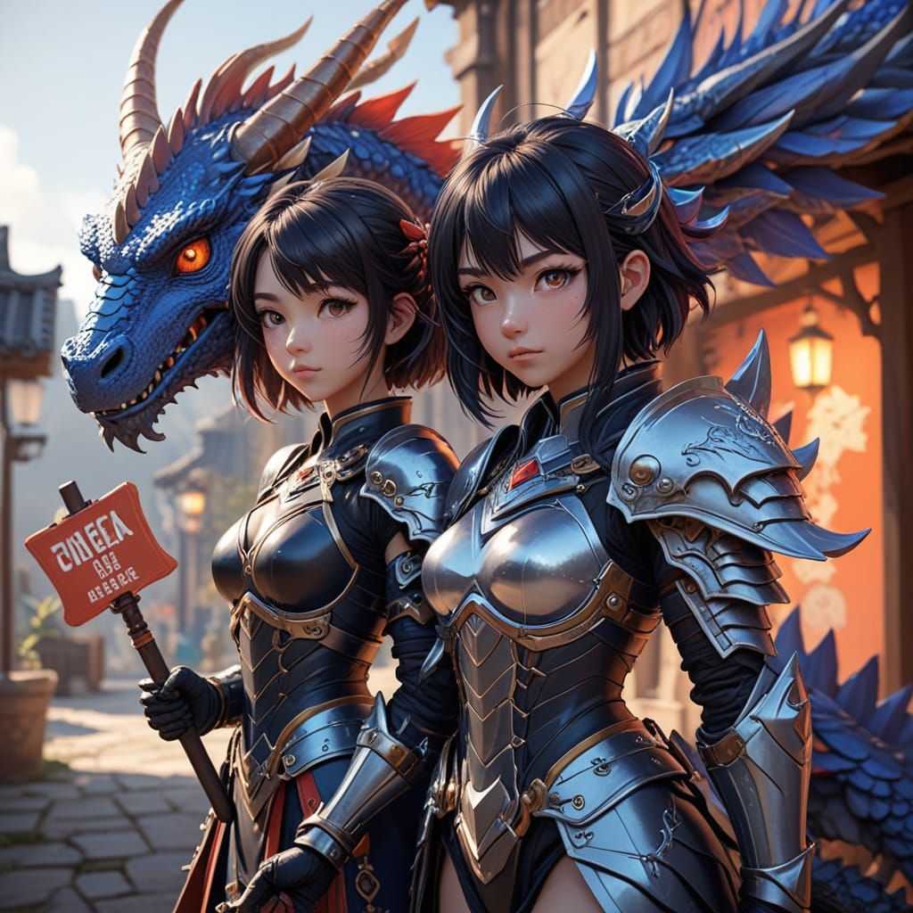 Chibi Warrior Girl in Vibrant Morning Scene, Anime Style