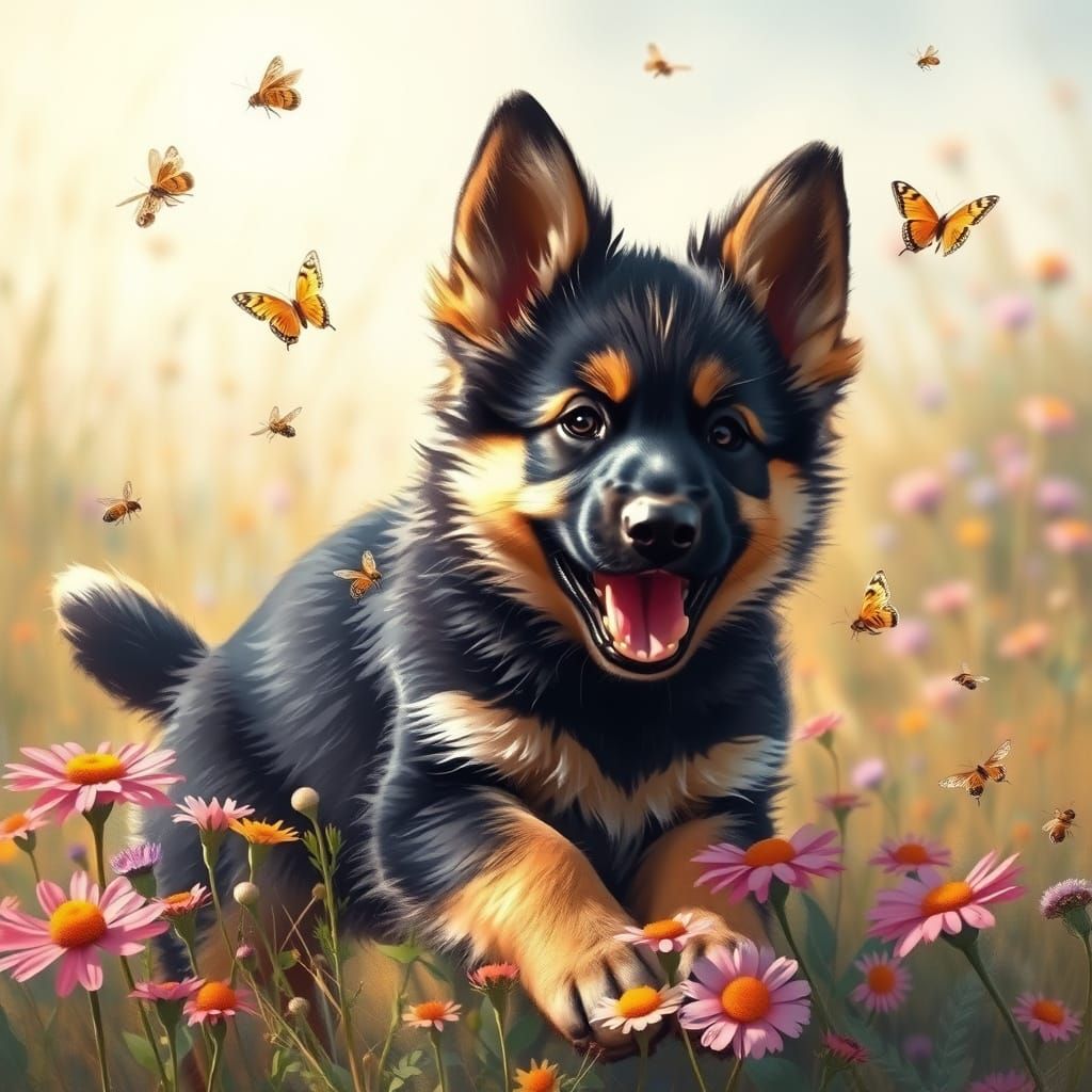 A joyful German Shepherd puppy frolicking in a field of wild...