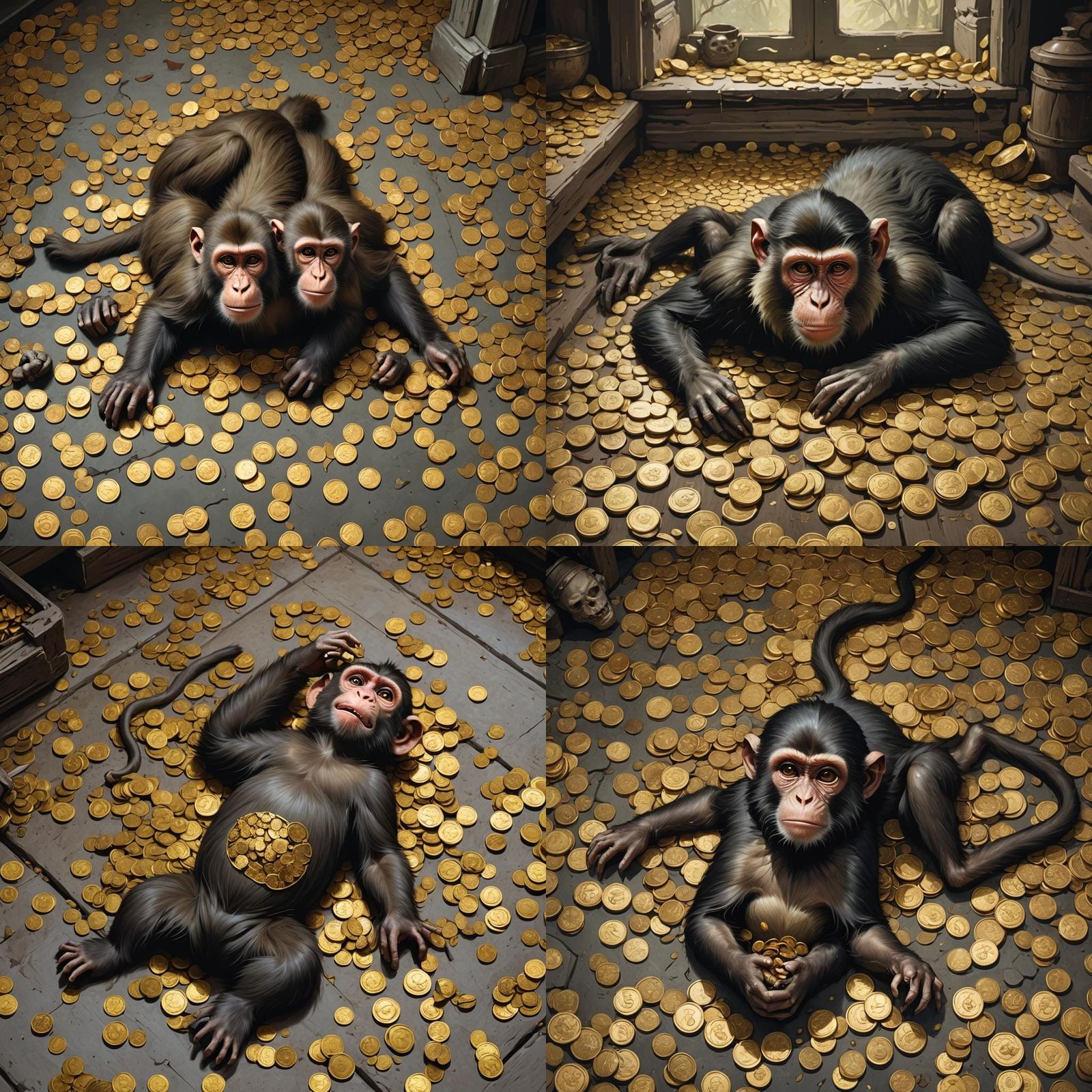 Sinister Monkey with Gold Coins in Ancient House