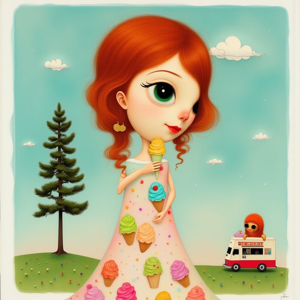 Whimsical Woman with Ice Cream and Sasquatch Truck