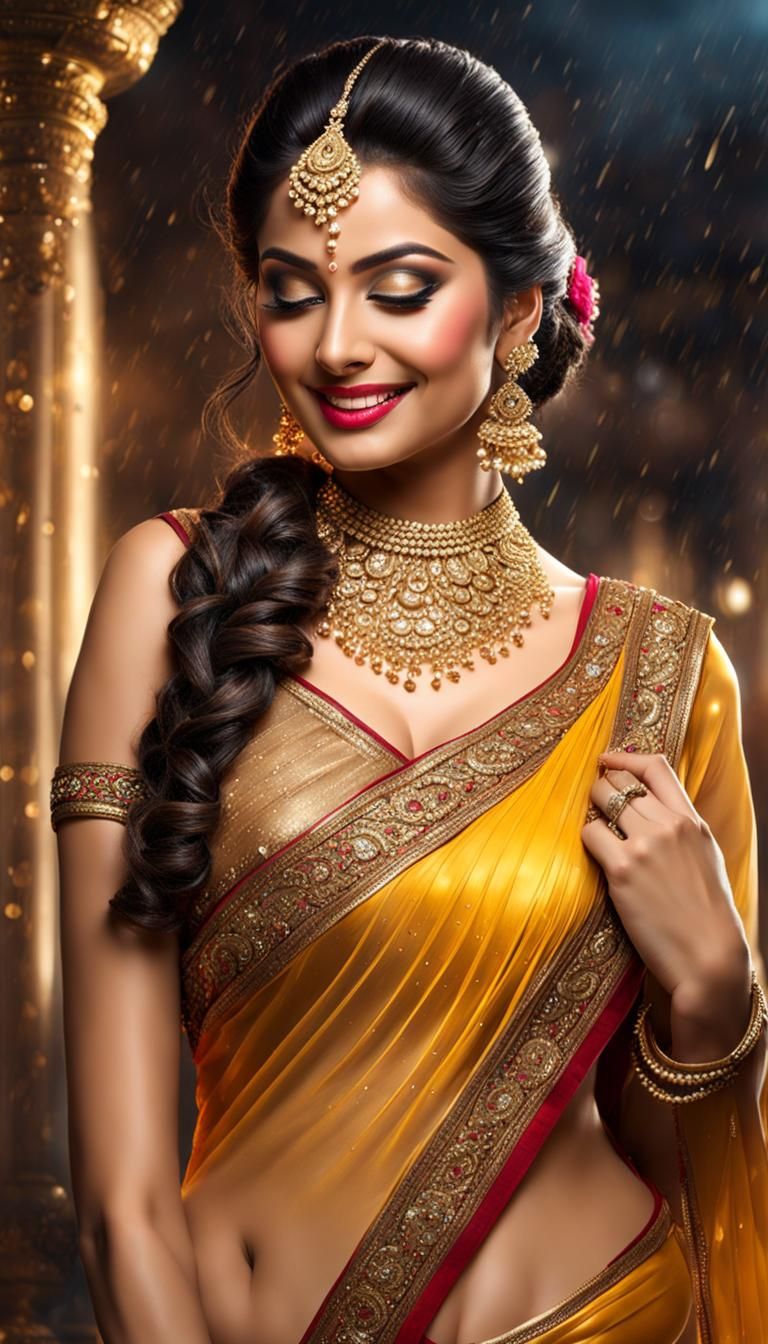 Golden Saree in Moonlight: Hyperrealistic Graffiti Art