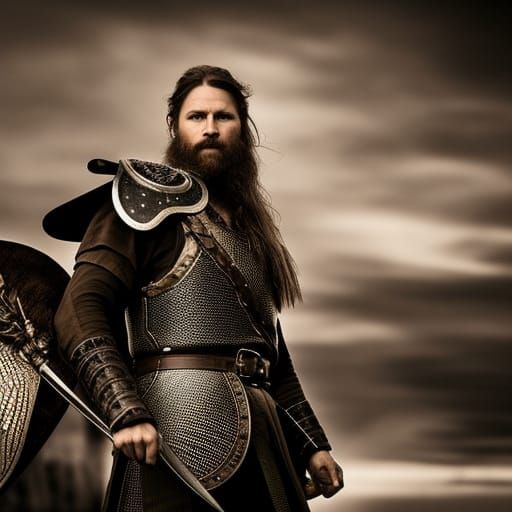 Viking Warrior Portrait with Valkyrie in Sepia