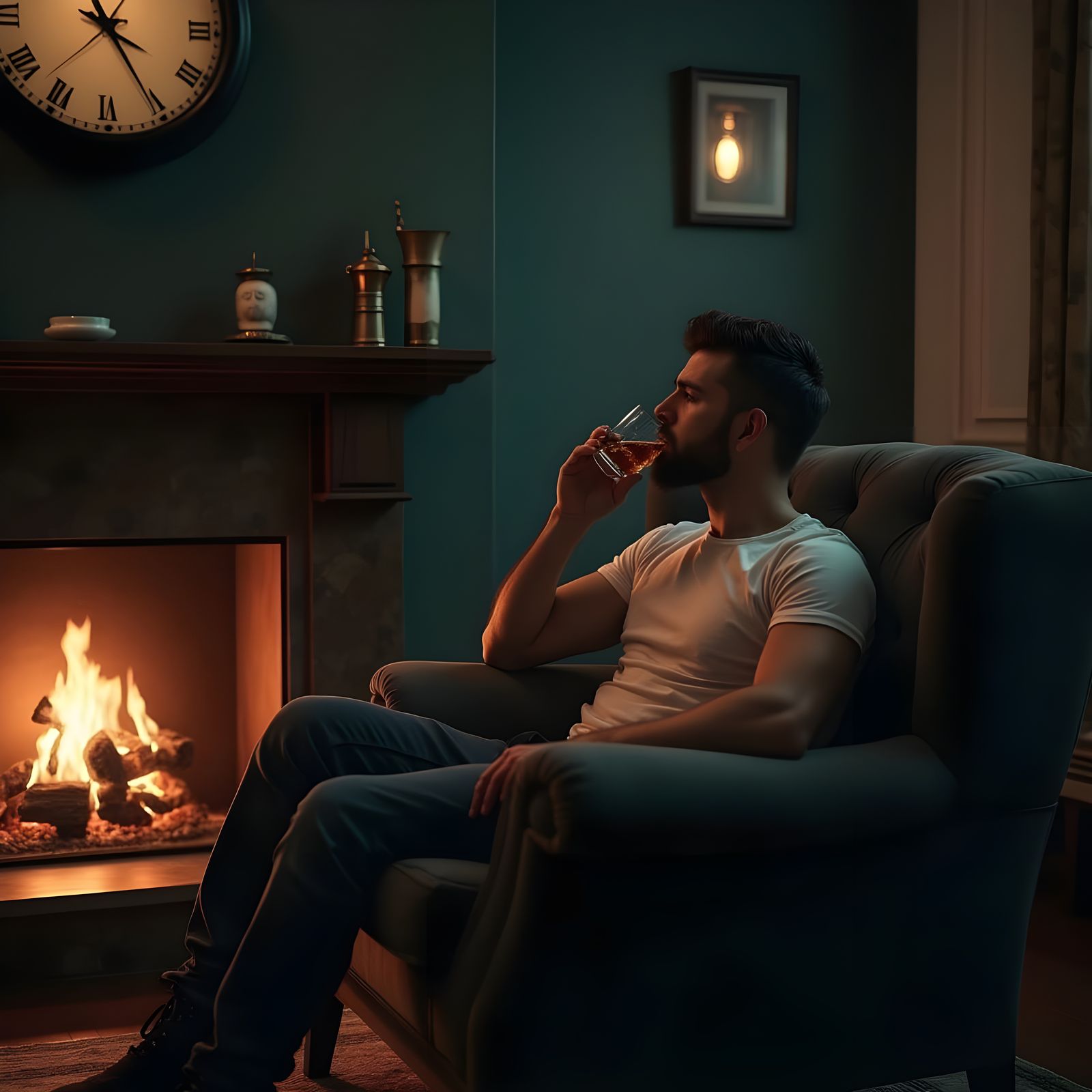 Contemplative Man by Fireplace in Dystopian Style