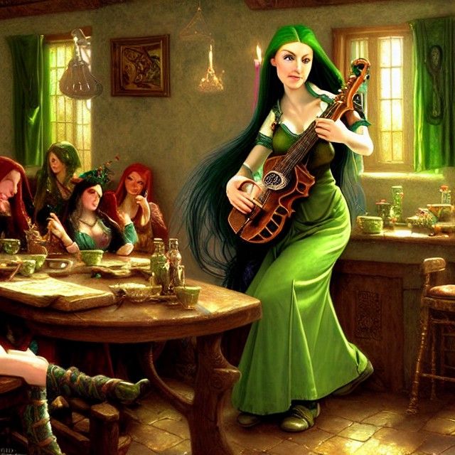 female half elf bard with long green hair playing a mandolin in a tavern common room hyperdetailed Thomas Kinkade renais...