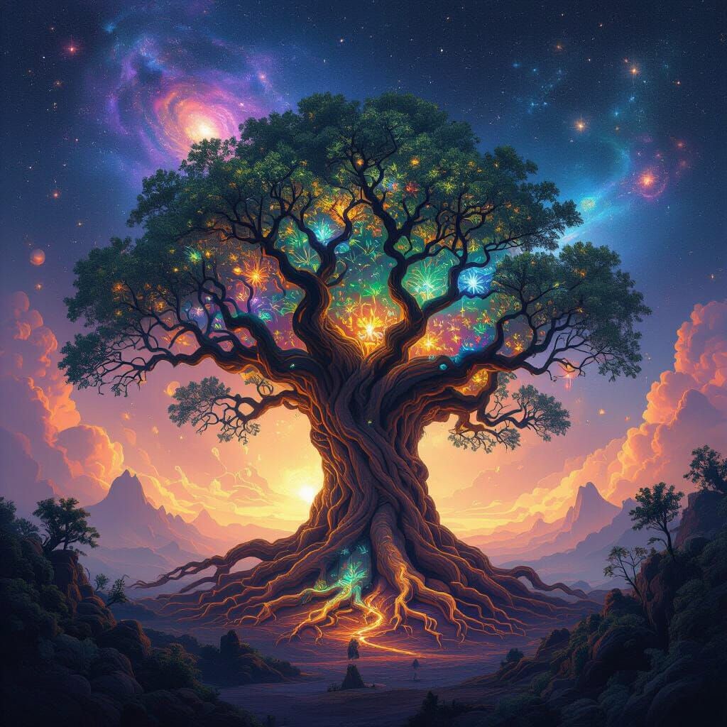 Ancient Tree with Bioluminescent Ecosystem in Nebula Void