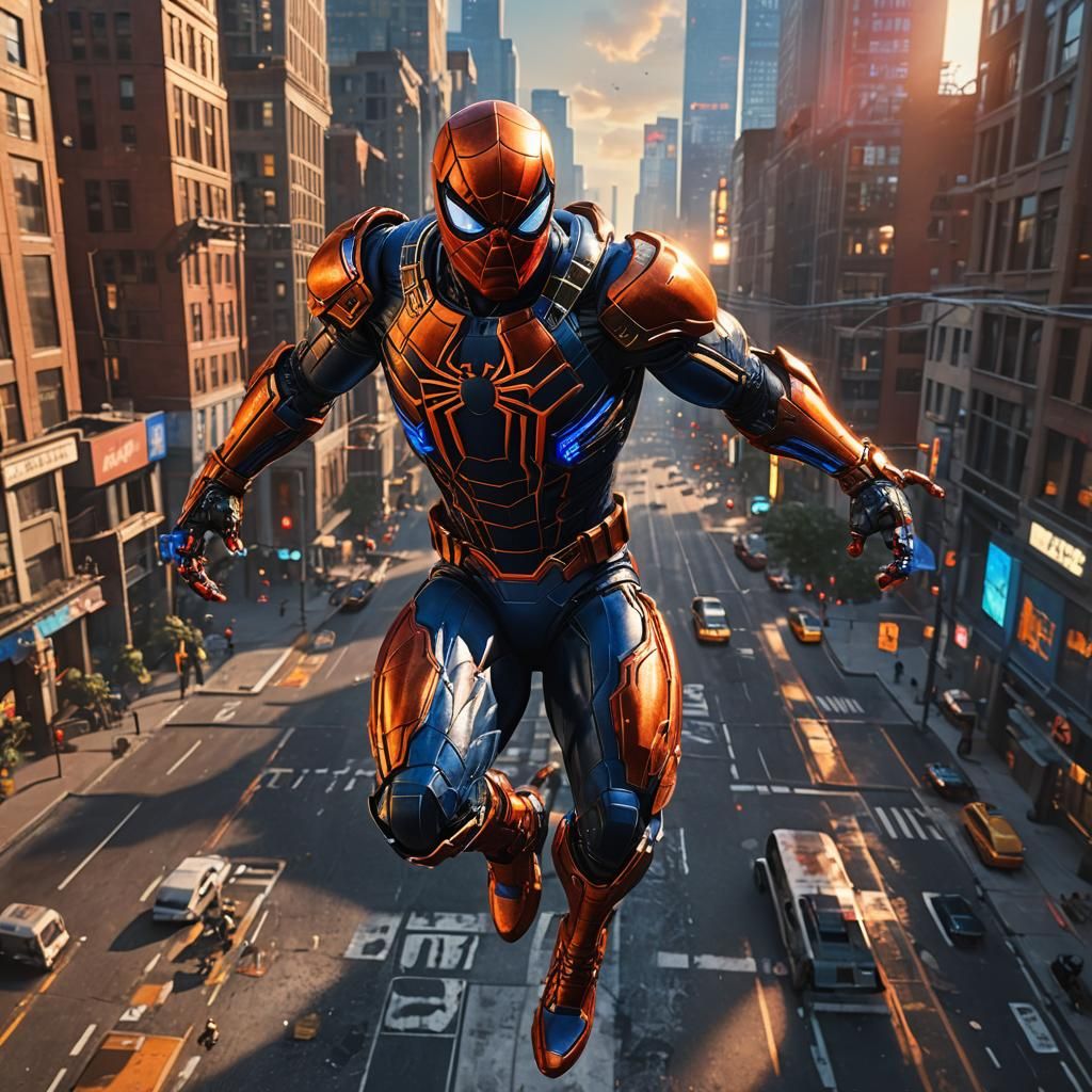 T60 Power Armor Spider-Man in Cityscape, 3D Render